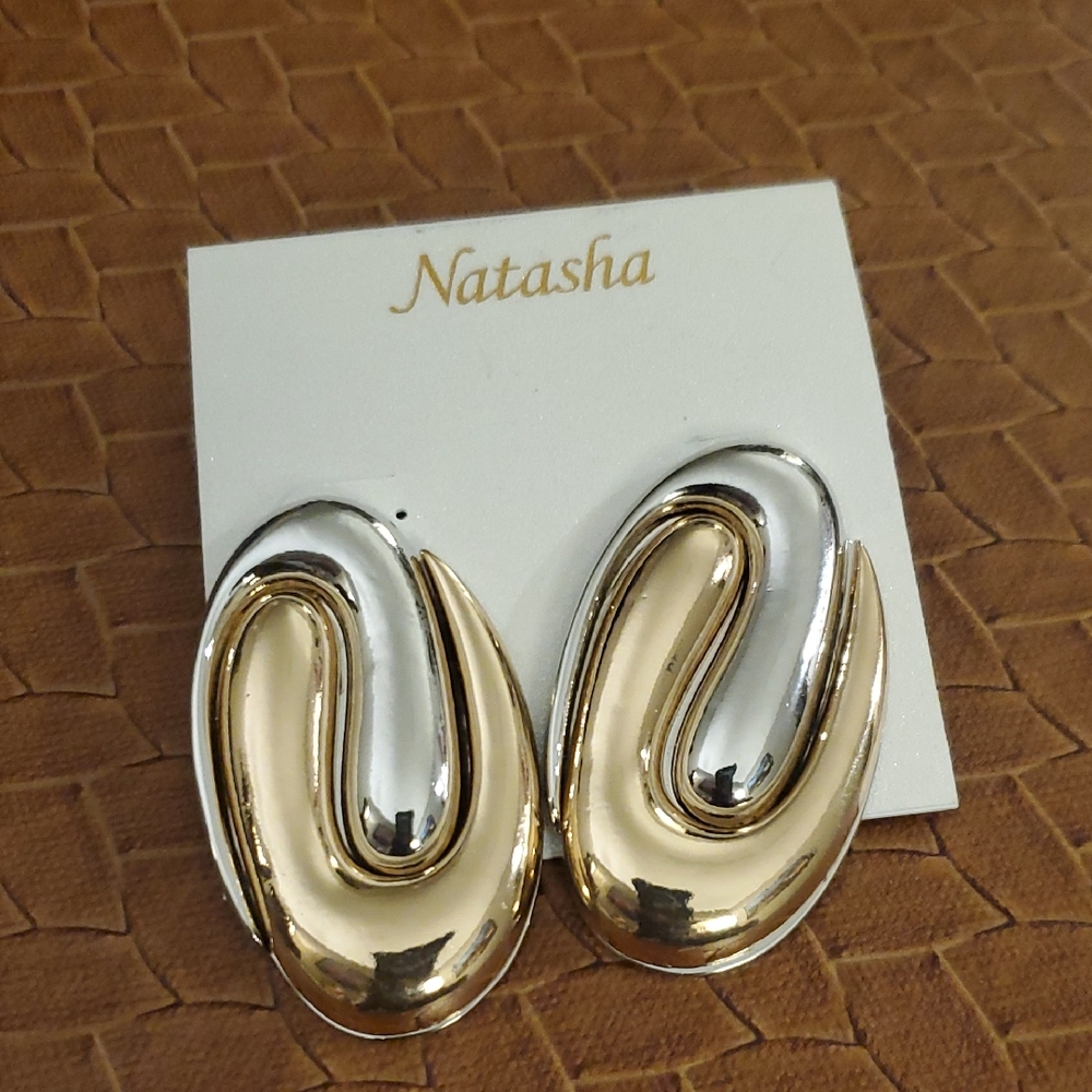 Natasha couture gold and silver two toned swirl fluid puffy oval shape earrings
